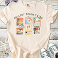 Beige graphic t-shirt featuring 'Collect Beach Trips' with colorful postcard designs and beach illustrations.