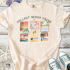 Beige graphic t-shirt featuring 'Collect Beach Trips' with colorful postcard designs and beach illustrations.