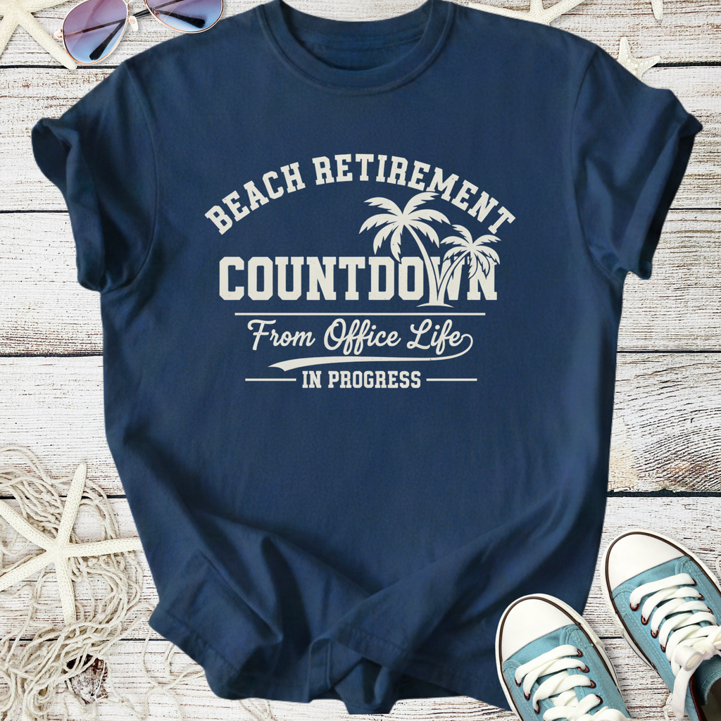 Navy blue t-shirt featuring 'Beach Retirement Countdown' graphic, perfect for casual beach lovers.
