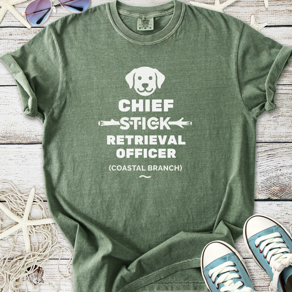 Green cotton t-shirt featuring 'Chief Stick Retrieval Officer' graphic, perfect for dog lovers.