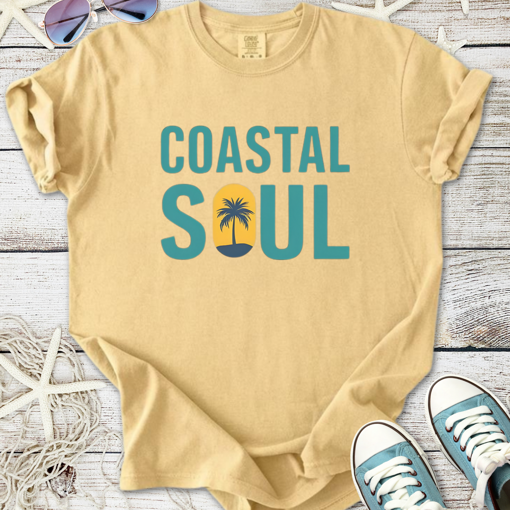 Beige Coastal Soul t-shirt with palm tree design, perfect for beach lovers and casual outings.