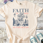 Beige cotton t-shirt with 'Faith as deep as the ocean' design featuring turtles and coral.
