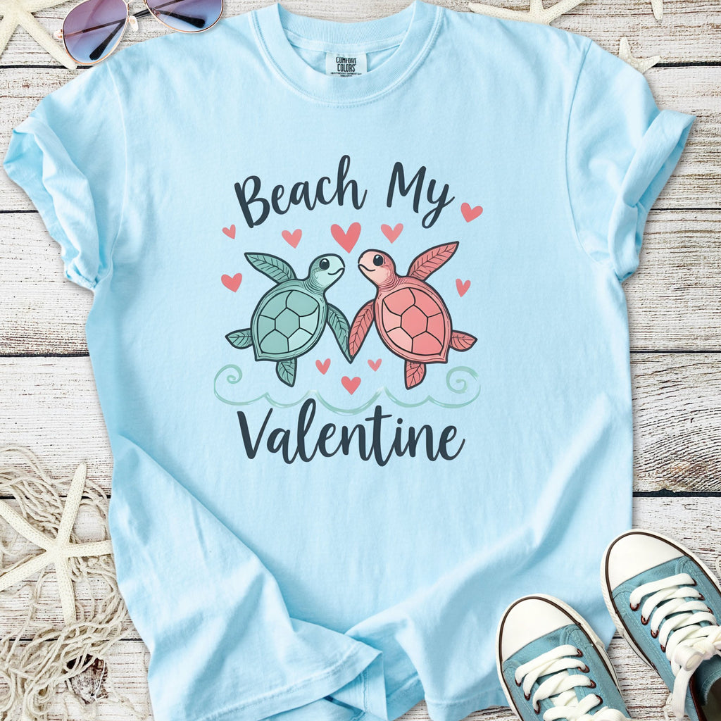 Light blue t-shirt with cute sea turtles and 'Beach My Valentine' design, perfect for Valentine's Day.