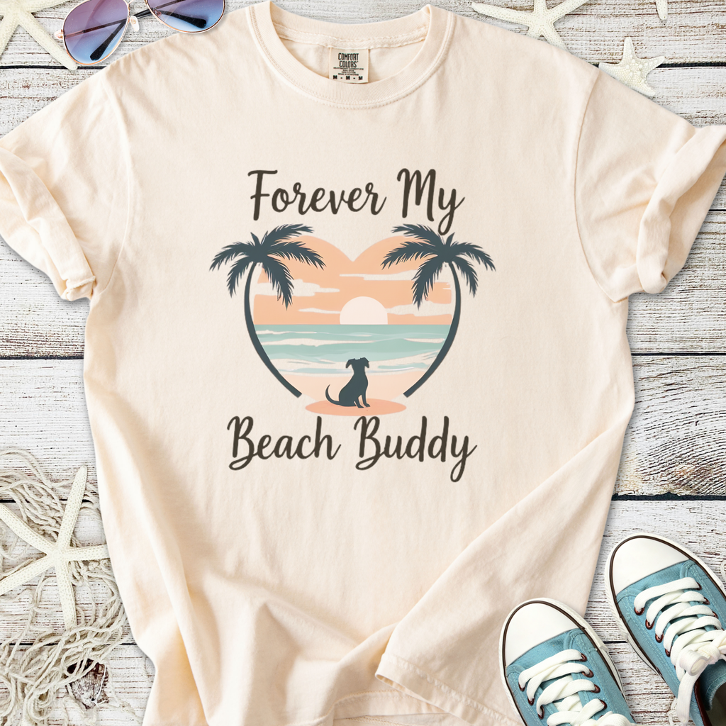 Cream graphic tee with 'Forever My Beach Buddy', featuring palm trees and a beach scene.