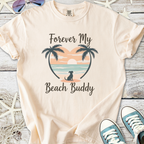 Cream graphic tee with 'Forever My Beach Buddy', featuring palm trees and a beach scene.