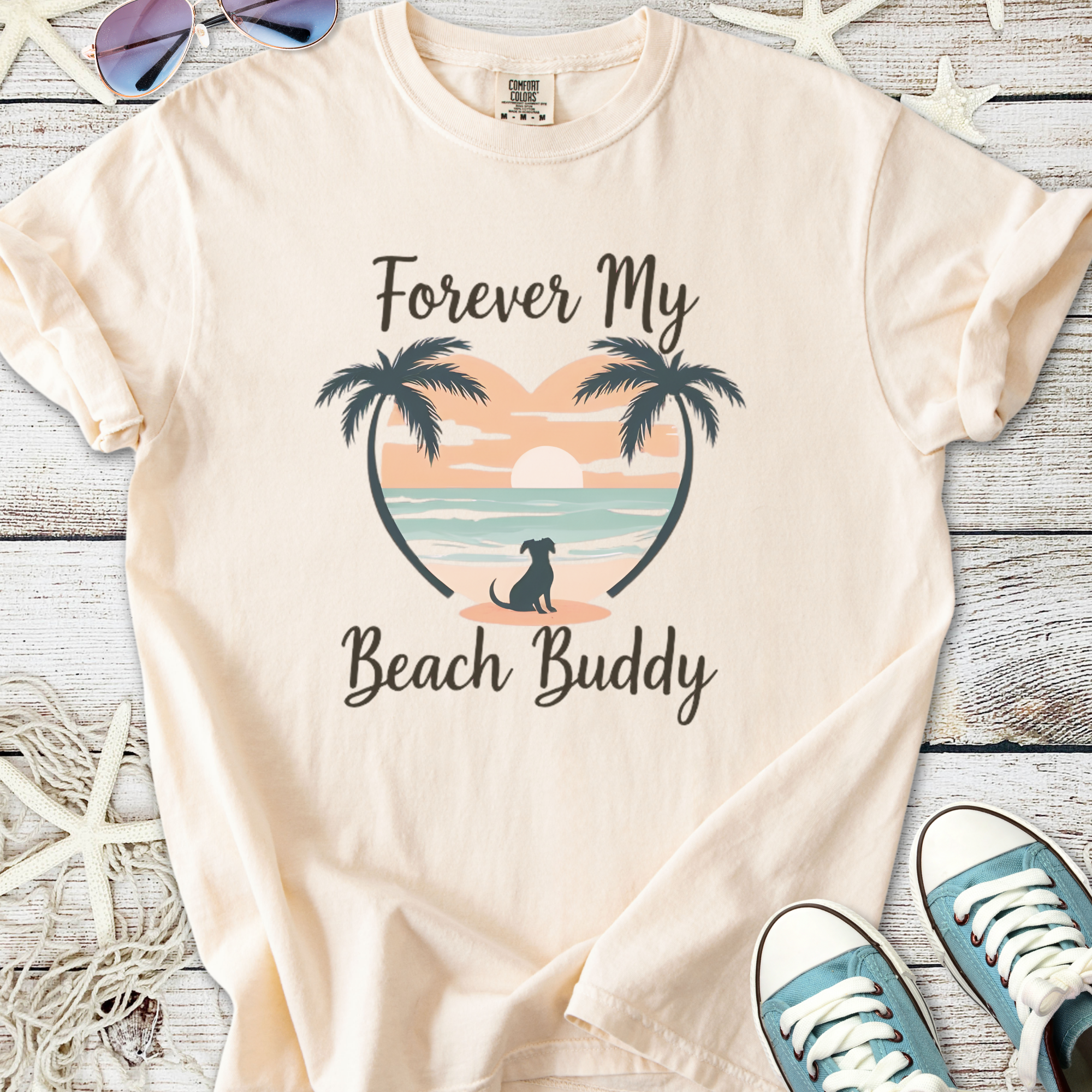 Cream graphic tee with 'Forever My Beach Buddy', featuring palm trees and a beach scene.