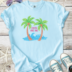 Light blue t-shirt featuring palm trees and 'Coastal Vibes Only' graphic, perfect for summer outings.