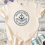 Cream-colored t-shirt featuring 'Faith as Deep as the Ocean' with anchor and waves design.