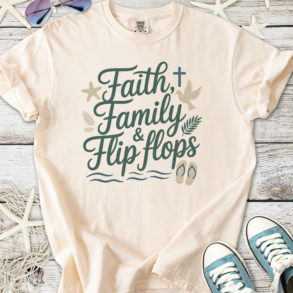 Peach graphic t-shirt with 'Faith, Family & Flip Flops' design, perfect for casual summer wear.