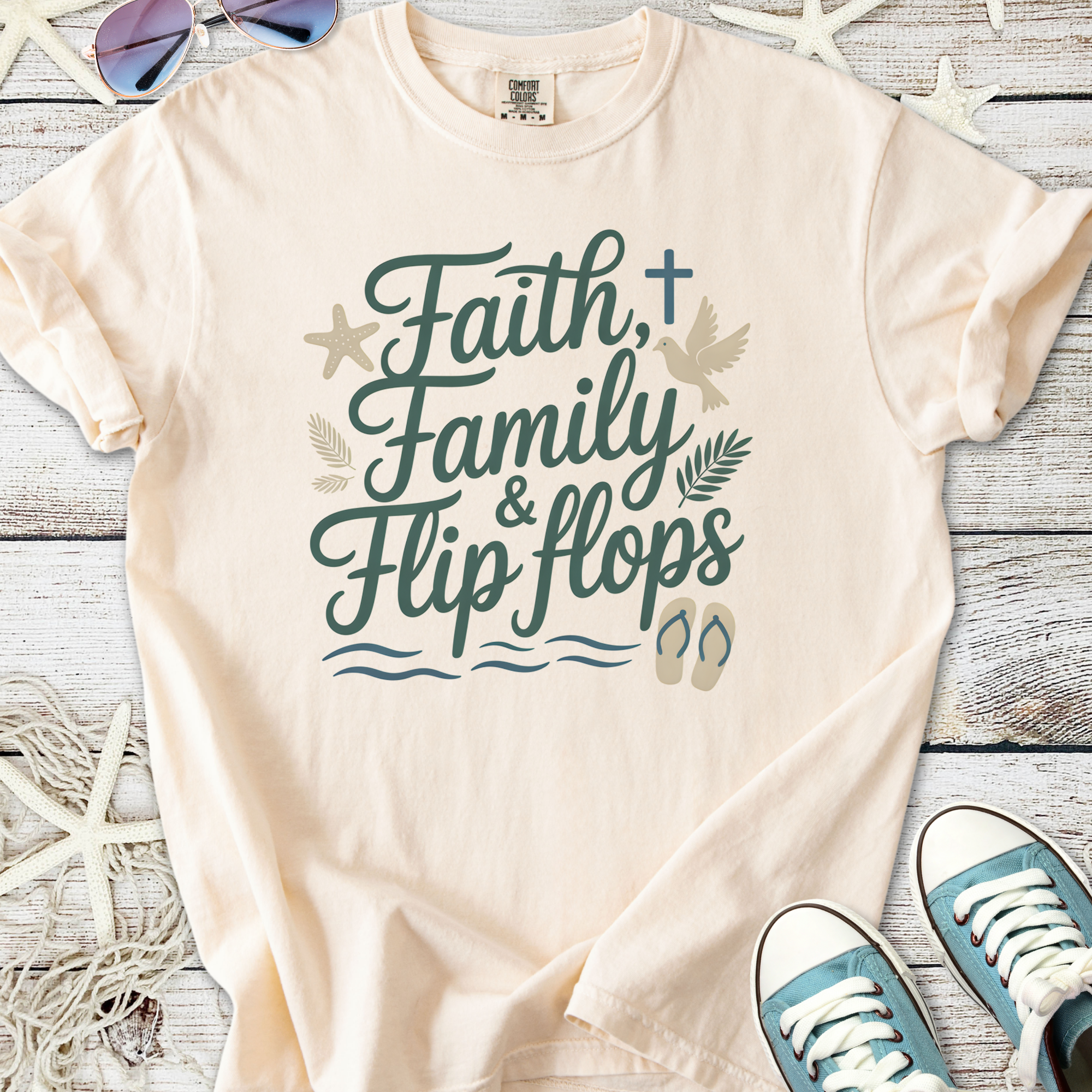 Peach graphic t-shirt with 'Faith, Family & Flip Flops' design, perfect for casual summer wear.
