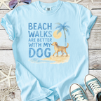 Light blue t-shirt with 'Beach walks are better with my dog' graphic, featuring a golden retriever and palm tree.