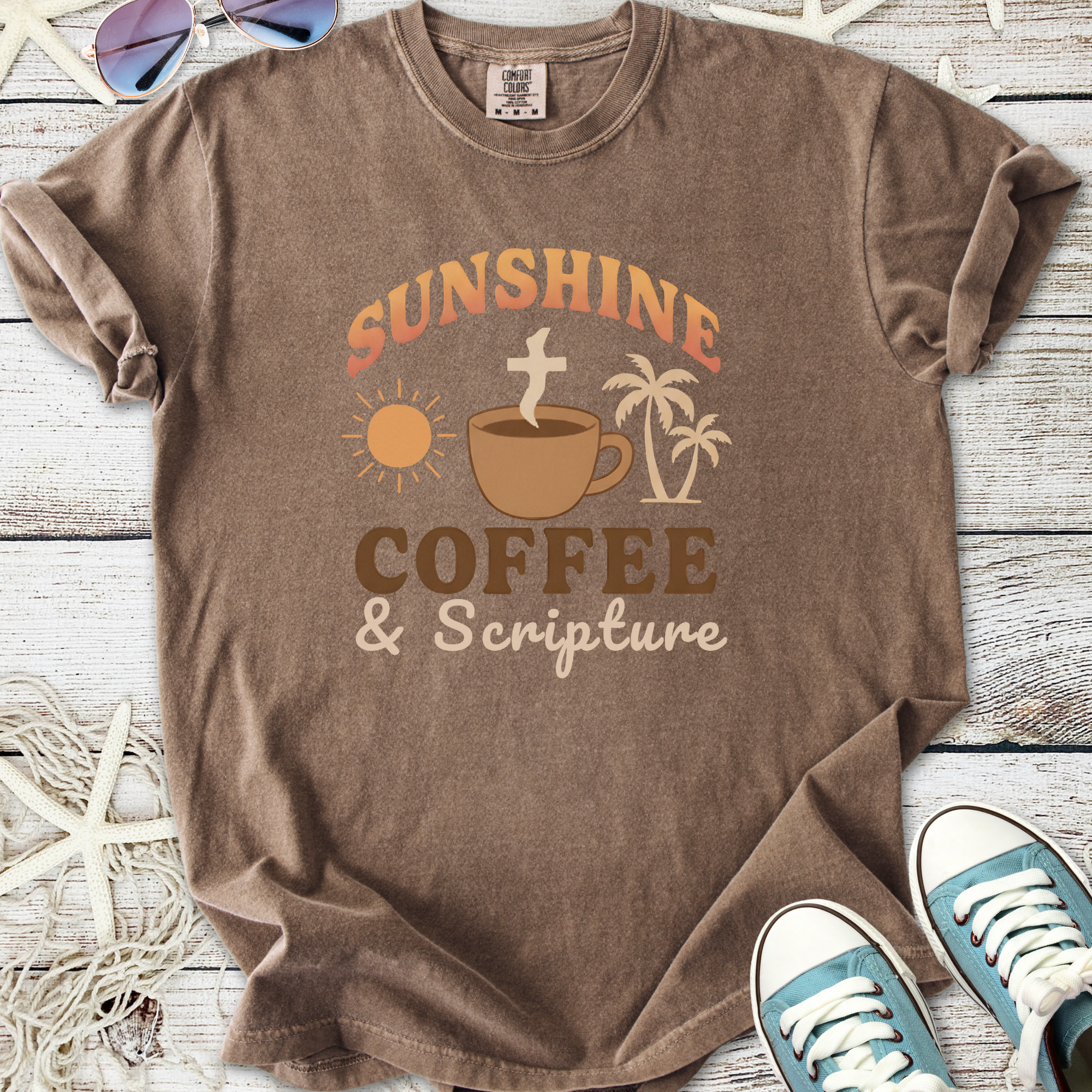 Brown unisex t-shirt featuring 'Sunshine Coffee & Scripture' graphic, perfect for casual wear.