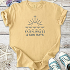 Beige cotton t-shirt featuring a sun and waves graphic with the phrase 'Faith, Waves & Sun Rays'