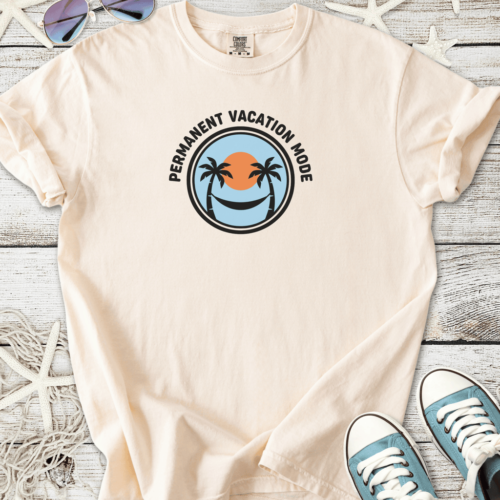 Beige 'Permanent Vacation Mode' t-shirt with palm tree graphic, perfect for casual summer wear.
