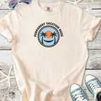 Beige 'Permanent Vacation Mode' t-shirt with palm tree graphic, perfect for casual summer wear.