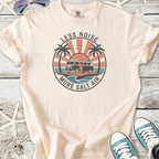 Cream t-shirt with 'Less Noise More Salt Air' graphic, featuring a surf van and palm trees.