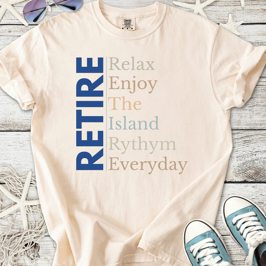 Cream cotton t-shirt featuring 'RETIRE' and relaxing text design, perfect for casual wear.