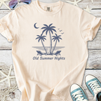 Cream t-shirt featuring a vintage summer night design with palm trees and lounge chairs.