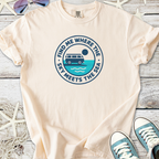 Beige graphic t-shirt featuring a van and ocean design, perfect for beach lovers and casual wear.