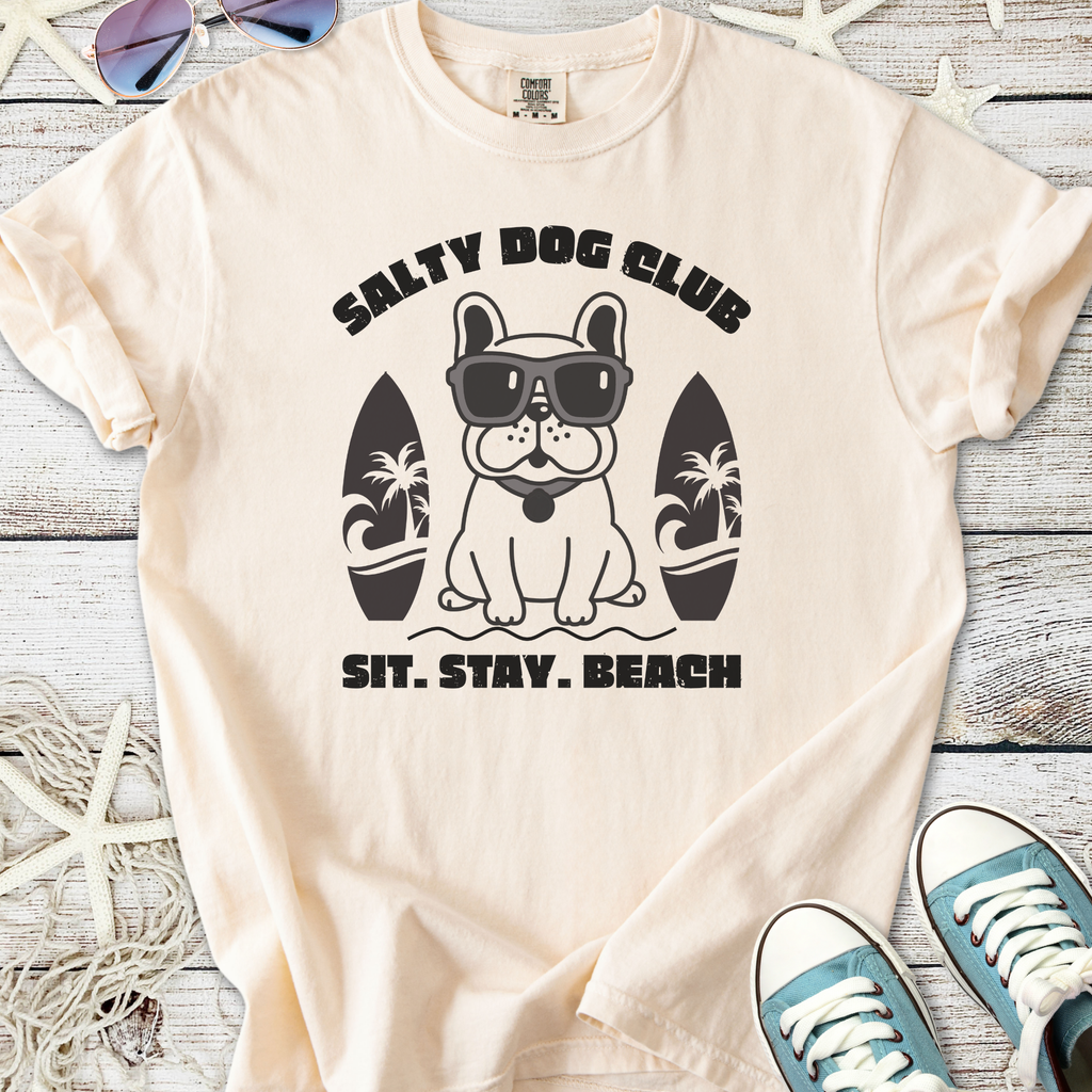 Cream t-shirt featuring a cool dog design, text 'Salty Dog Club', perfect for beach lovers.