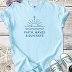 Light blue t-shirt with 'Faith, Waves & Sun Rays' graphic, casual summer style, made of soft cotton.