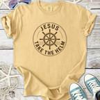 Beige cotton t-shirt featuring 'Jesus Take the Helm' design with nautical theme and ship wheel graphic.