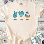 Cream t-shirt with "Peace Love Beach" graphic, featuring playful icons, perfect for casual summer wear.