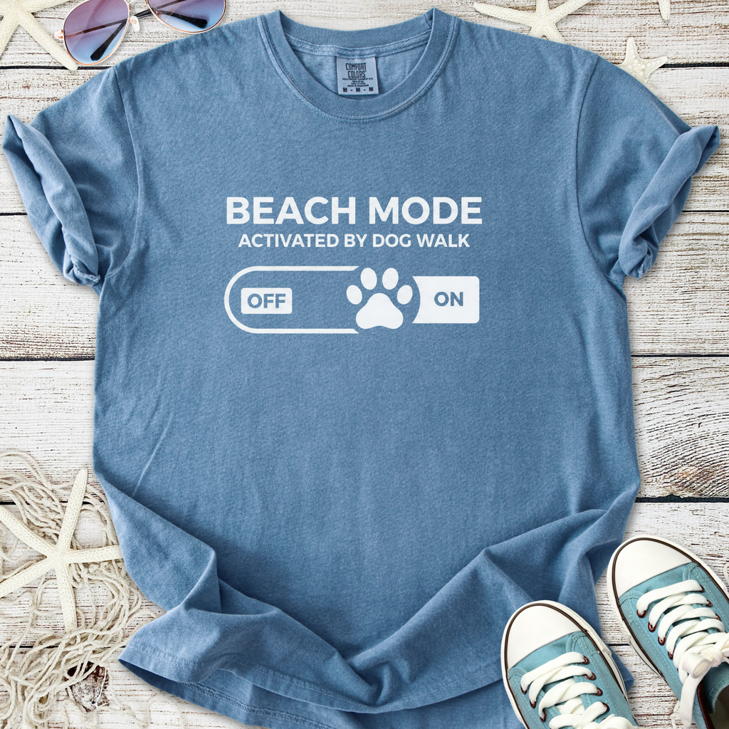 Blue cotton t-shirt with 'Beach Mode Activated by Dog Walk' graphic design, casual style.