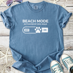 Blue cotton t-shirt with 'Beach Mode Activated by Dog Walk' graphic design, casual style.