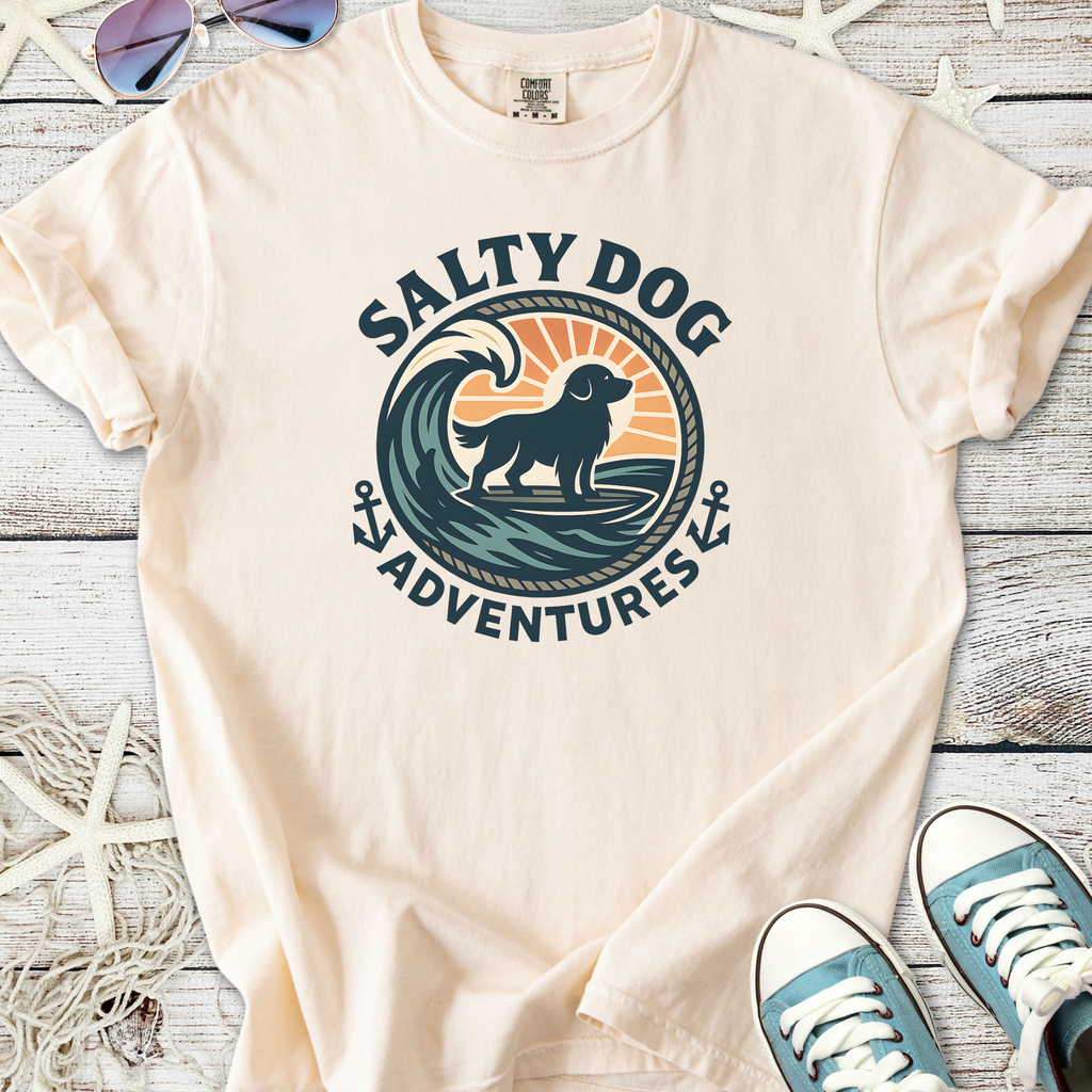 Cream t-shirt with 'Salty Dog Adventures' graphic featuring a dog and wave design.