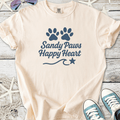 Cream cotton t-shirt with 'Sandy Paws Happy Heart' print and paw design, perfect for pet lovers.