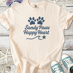 Cream cotton t-shirt with 'Sandy Paws Happy Heart' print and paw design, perfect for pet lovers.