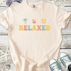Beige cotton t-shirt with colorful 'RELAXED' graphic, perfect for casual summer wear.