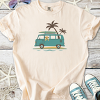 Cream t-shirt with a turquoise vintage van graphic, featuring palm trees and a surfboard, perfect for summer.