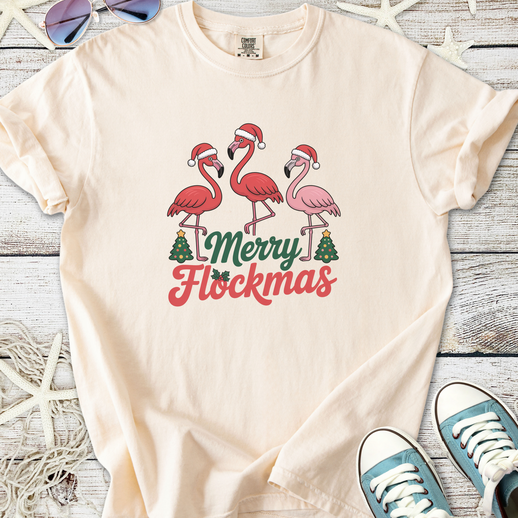 Cream t-shirt with 'Merry Flockmas' print featuring festive flamingos and Christmas trees.