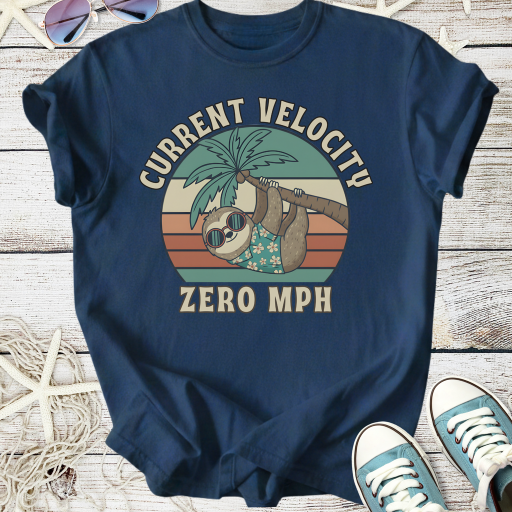 Navy blue t-shirt featuring a sloth graphic, text 'Current Velocity Zero MPH', casual cotton material.