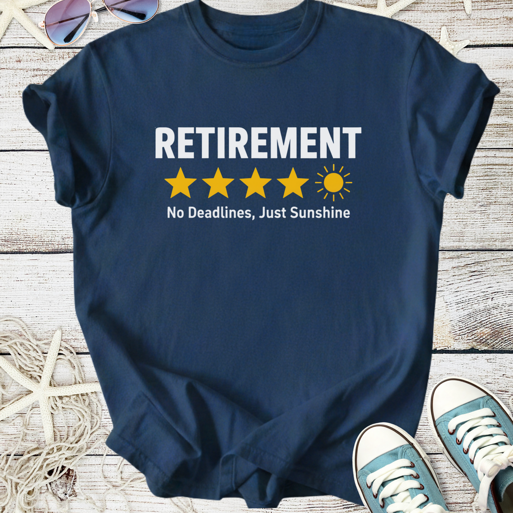 Navy retirement t-shirt with five stars and sun graphic, featuring 'No Deadlines, Just Sunshine' slogan.