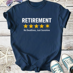 Navy retirement t-shirt with five stars and sun graphic, featuring 'No Deadlines, Just Sunshine' slogan.