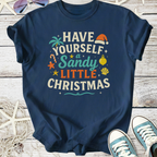 Navy blue t-shirt with 'Have Yourself a Sandy Little Christmas' graphic design, perfect for festive beach lovers.