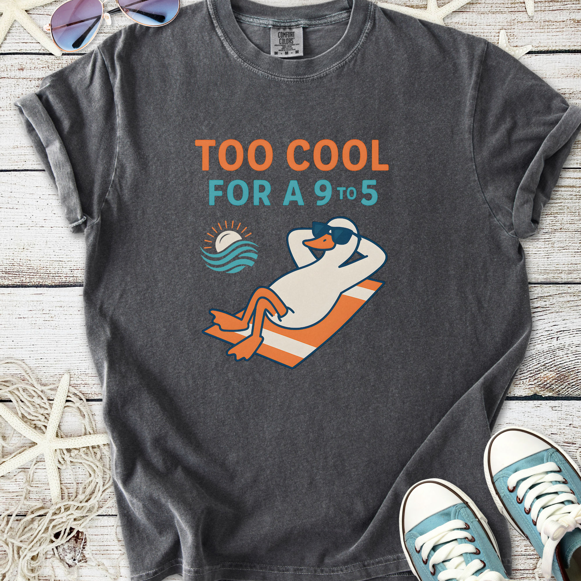 Charcoal gray t-shirt featuring a cool duck graphic and 'Too Cool for a 9 to 5' text, perfect for casual wear.