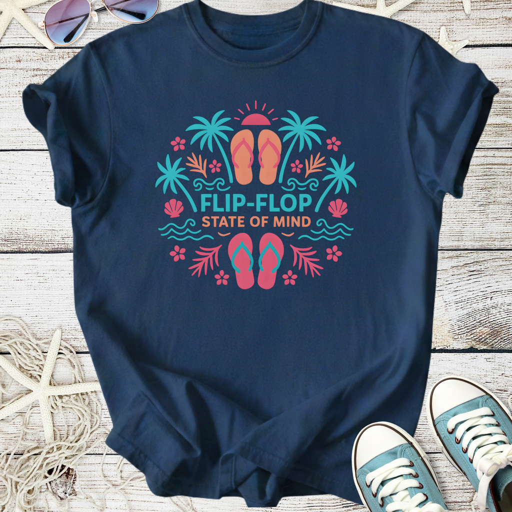 Navy blue t-shirt with 'Flip-Flop State of Mind' graphic, featuring flip-flops and palm trees.